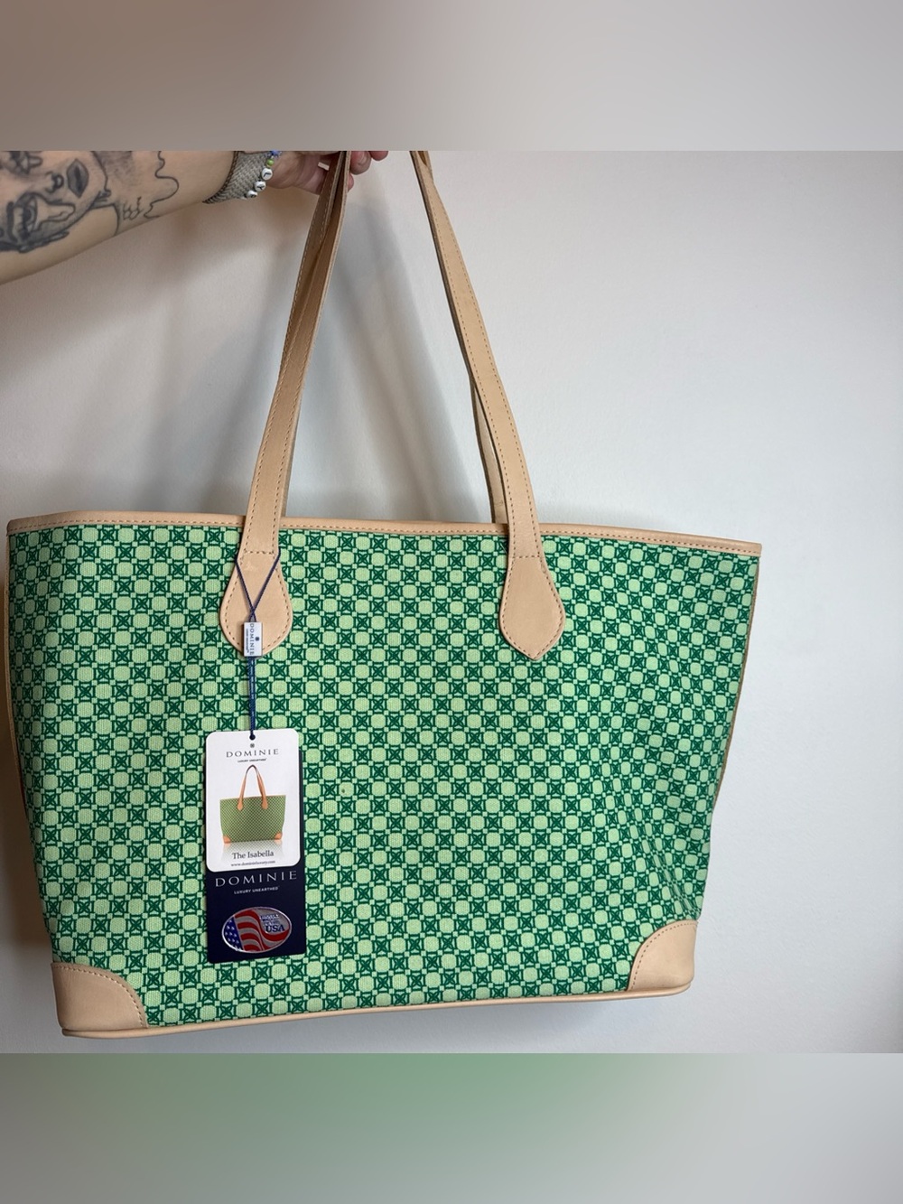 Green Patterned Tote with Tan Trim and Straps
